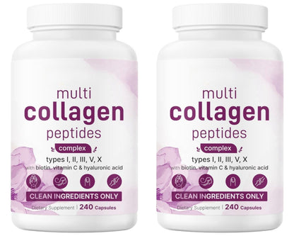 Multi Collagen Peptides Capsules – 240-Count Types I, II, III, V and X with Biotin, Vitamin C and Hyaluronic Acid