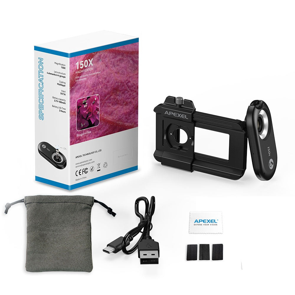 Upgraded Three-in-One Smartphone Microscope Lens Kit – 100X–200X Macro Lens with LED Light, Compatible with Most iOS & Android Phones
