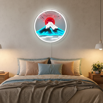Mount Fuji Sunrise Neon Sign – Japanese Sakura USB LED Wall Decor for Gaming Rooms, Bars, Garages and Bedrooms with Artistic Glow
