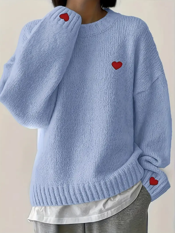 Women's Red Heart Knit Sweater – Long Sleeve Embroidered Pullover Top for Autumn Spring Casual Wear, Couples and Valentine's Gifts
