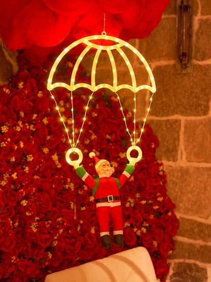 Christmas Parachute & Lantern String Lights – Santa & Snowman Leather Thread LED Window Lights for Festive Holiday Party Décor