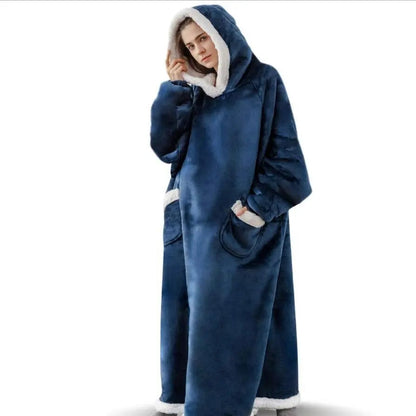 Giant Wearable Blanket Hoodie – 180cm Oversized Flannel Pajamas with Sleeves and Hood for Men and Women, Warm Winter Loungewear