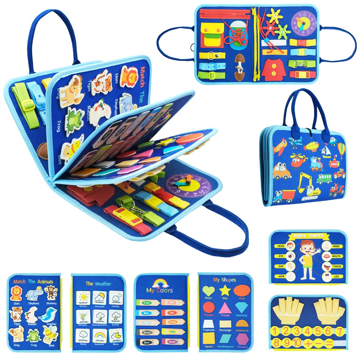 Montessori Felt Busy Book - Educational Sensory Activity Board for Kids Travel Learning and Quiet Play Entertainment