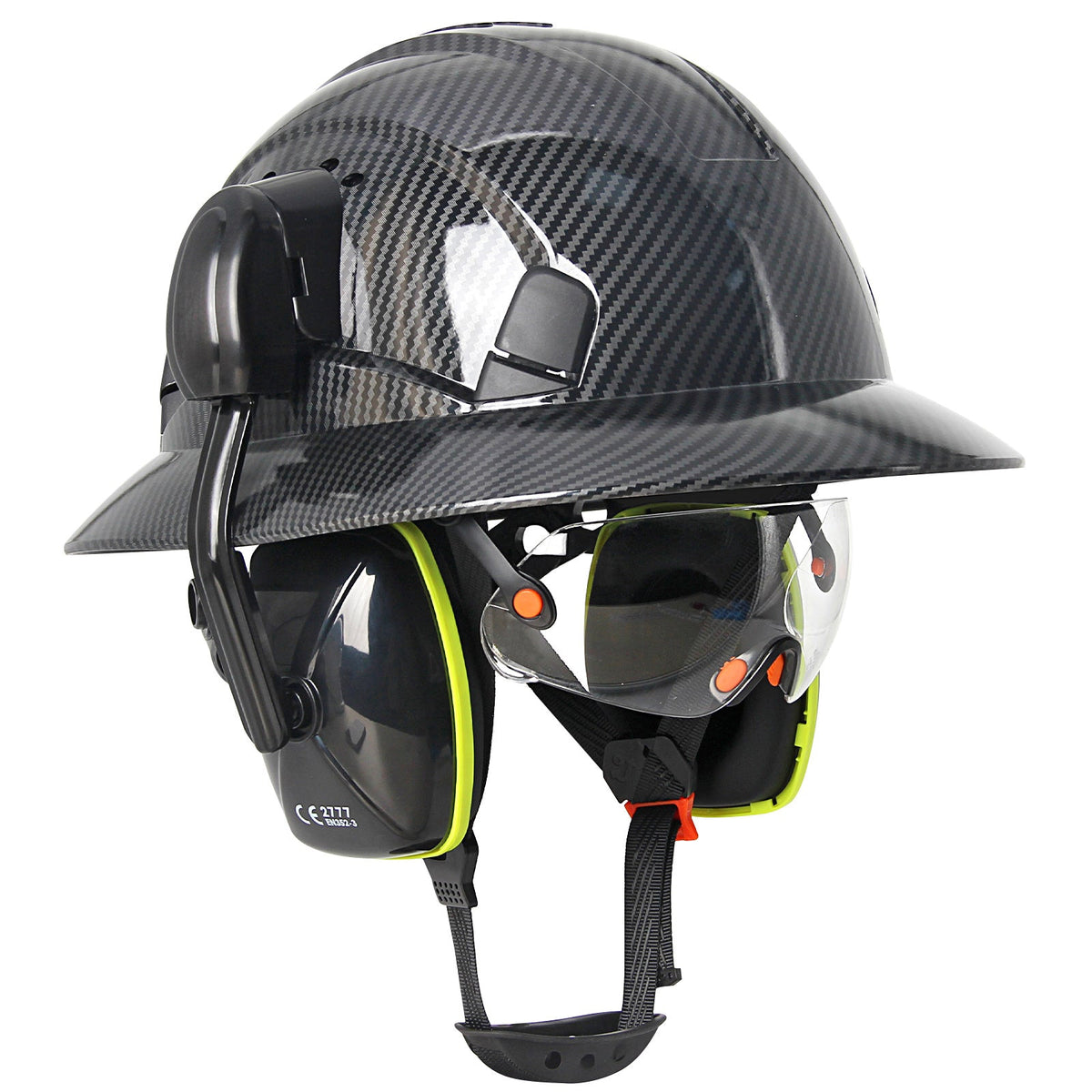 Full Brim Hard Hat with Built-In Eye Shield & Earmuffs – Vented HDPE Safety Helmet, ANSI Z89.1 Type I Class C