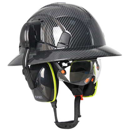 Full Brim Hard Hat with Built-In Eye Shield & Earmuffs – Vented HDPE Safety Helmet, ANSI Z89.1 Type I Class C