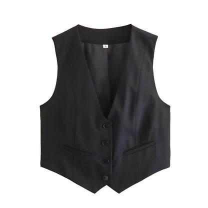 Chic V-Neck Sleeveless Vest – Elegant Women’s Single-Breasted White Waistcoat Top for Stylish Office or Casual Spring Outfits