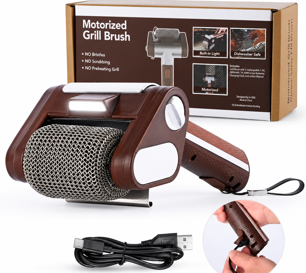 Rechargeable Electric Grill Brush – LED-Lighted BBQ Cleaner with 304 Stainless Steel Replaceable Heads for Fast, Powerful Barbecue Grate Cleaning