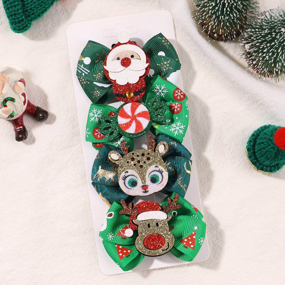 Girls Christmas Hair Clip Set - 4-Piece Santa and Deer Sparkly Hairpins, Cute Holiday Accessories for Kidsâ€™ Parties and Festive Outfits