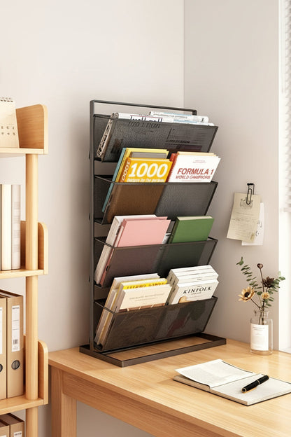 Tilted Desktop Book Organizer – Multi Tier Book Rack for Office, School and Home Study with Space Saving Vertical Storage