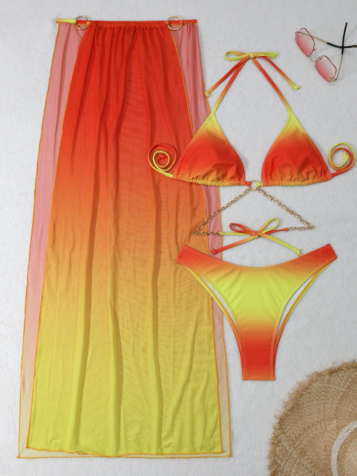 Gradient Halter Bikini Set with Cover-Up – Sexy 3-Piece Women’s Swimsuit for Beach Vacations, Summer Pool Parties & Resort Wear