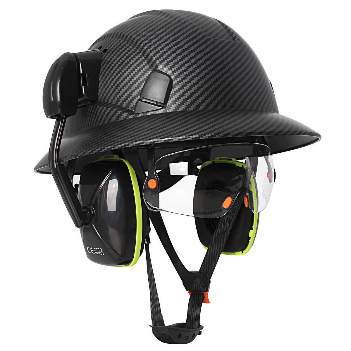 Full Brim Hard Hat with Built-In Eye Shield & Earmuffs – Vented HDPE Safety Helmet, ANSI Z89.1 Type I Class C