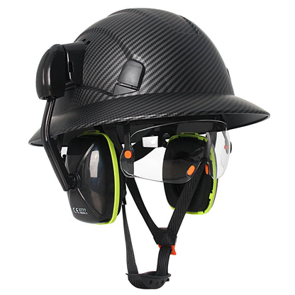 Full Brim Hard Hat with Built-In Eye Shield & Earmuffs – Vented HDPE Safety Helmet, ANSI Z89.1 Type I Class C