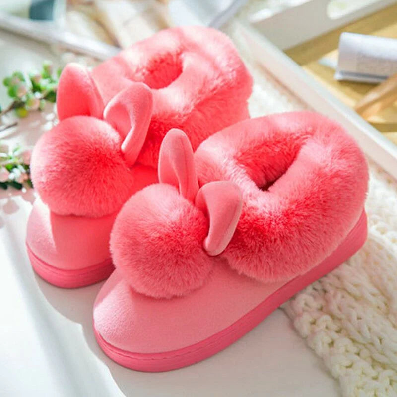 Women’s Winter Furry Rabbit Ear Home Boots – Warm Indoor Flat-Heel Slippers for Bedroom Comfort, Cozy Ankle Fur Footwear for Cold Seasons