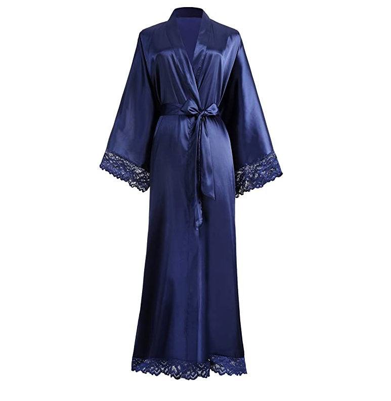 Luxury Silk Satin Lace Robe – Long Bridal Bathrobe for Women, Elegant Lingerie & Bridesmaid Wedding Nightwear