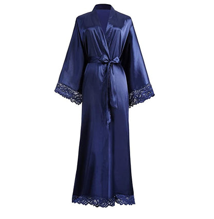 Luxury Silk Satin Lace Robe – Long Bridal Bathrobe for Women, Elegant Lingerie & Bridesmaid Wedding Nightwear