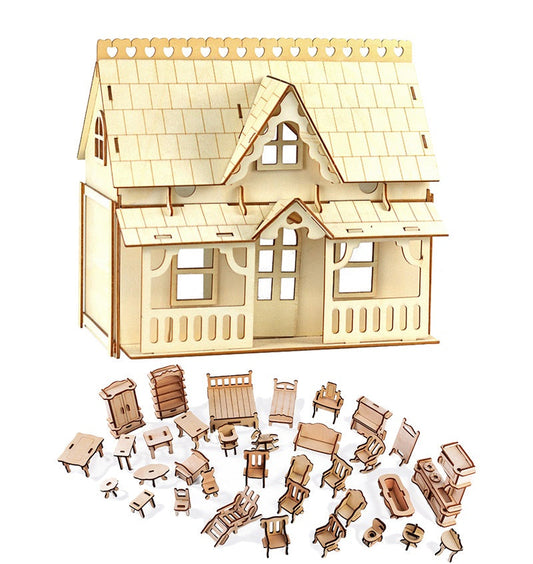 Wooden Miniature Dollhouse Puzzle – DIY Assembled 3D Doll House Model Kit for Girls and Creative Play
