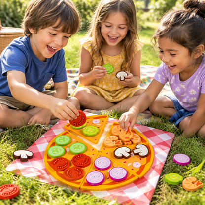 Wooden Donut Pizza Cookie Puzzle Set – Pretend Food Educational Toy for Kids with Matching, Sorting and Creative Kitchen Roleplay Fun