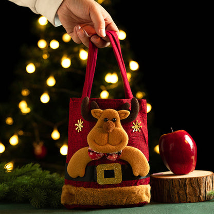 Christmas Linen Gift Bag for Kids - Candy Storage Handbag with Santa Claus Design, New Year Apple Bag for Xmas Eve and Holiday Party Gifts