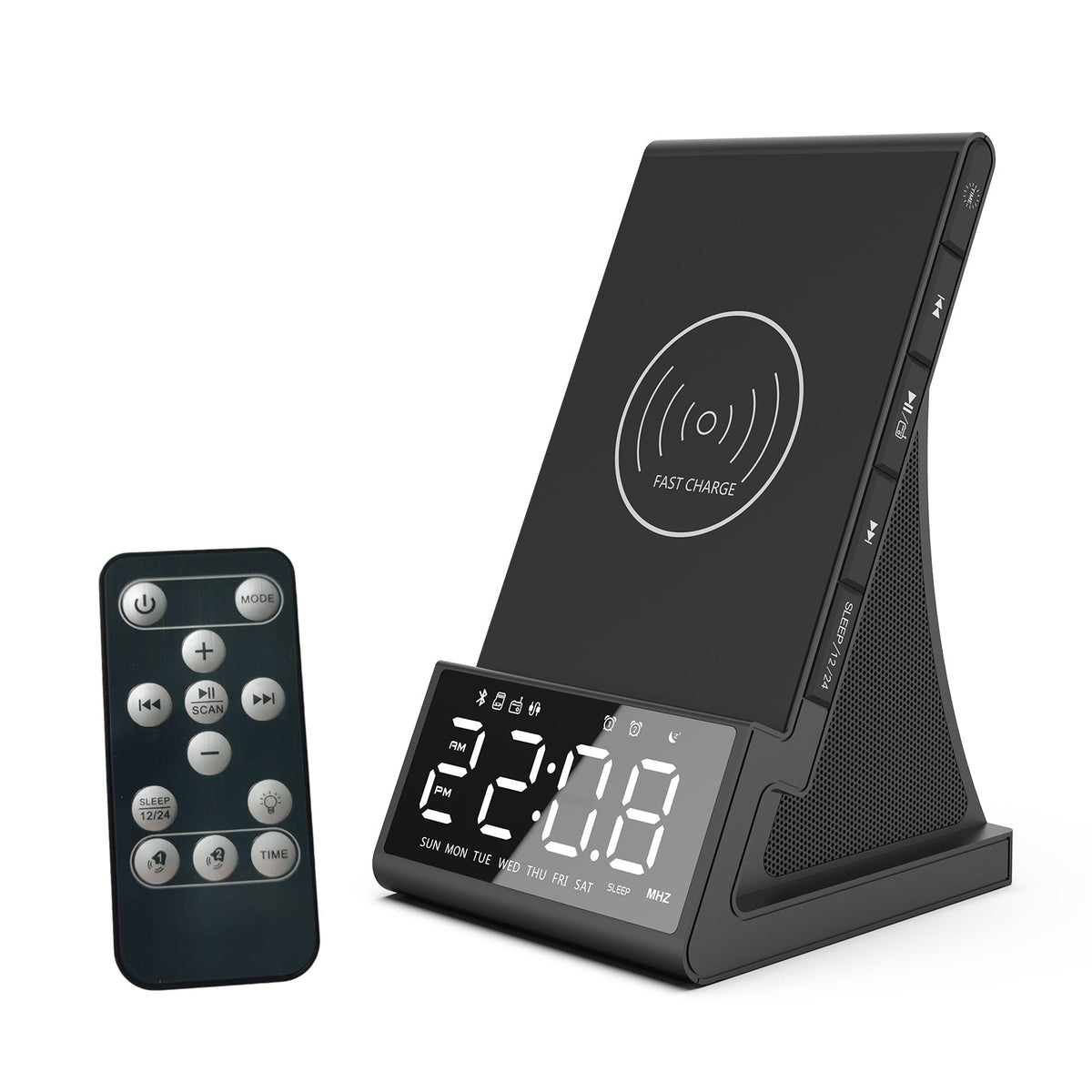 Wireless Charging Alarm Clock Speaker – LED Smart Clock with Bluetooth, FM Radio, USB Fast Charger & Modern Desktop Design
