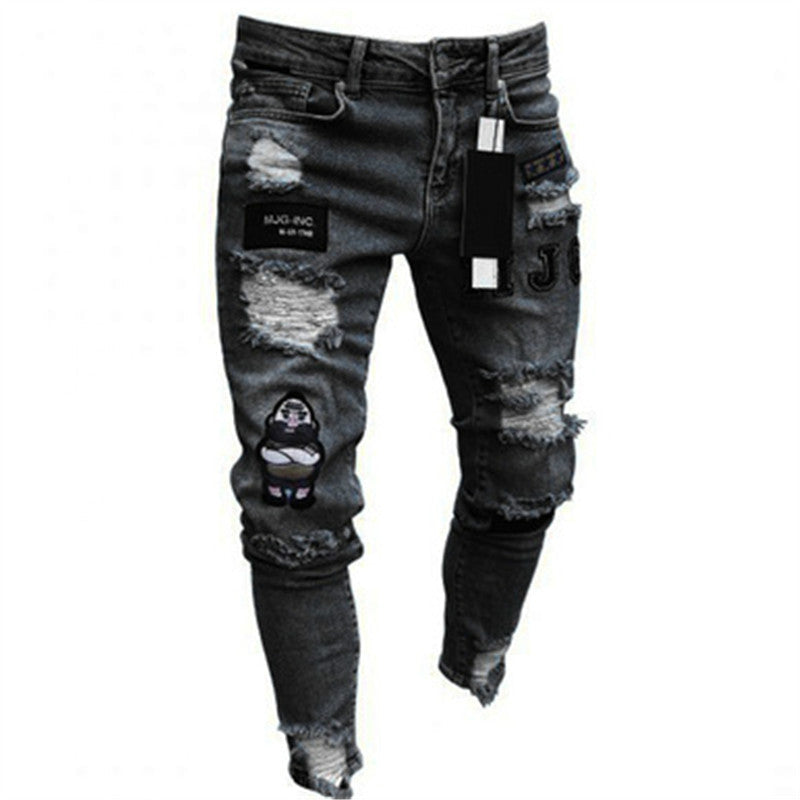 Stretch Cotton Men's Ripped Skinny Jeans - Slim Fit Denim Pants with Distressed Holes, Casual Hip Hop Streetwear Trousers for Daily Wear