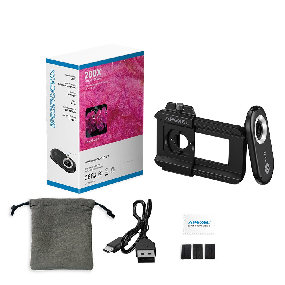 Upgraded Three-in-One Smartphone Microscope Lens Kit – 100X–200X Macro Lens with LED Light, Compatible with Most iOS & Android Phones