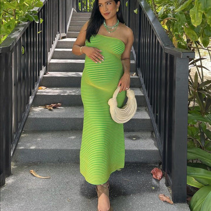 Striped Knit Strapless Maxi Dress – Sexy Backless A-Line Summer Gown for Women, Holiday Parties, Vacations and Chic Streetwear Styling