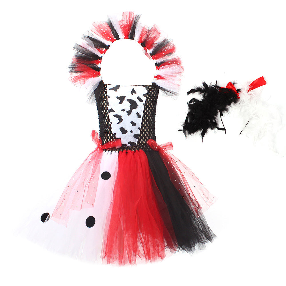 Cruella-Inspired Girls Tutu Dress – Black and White Villain Halloween Costume with Dalmatian Style for Kids, Fancy Dress and Cosplay Parties