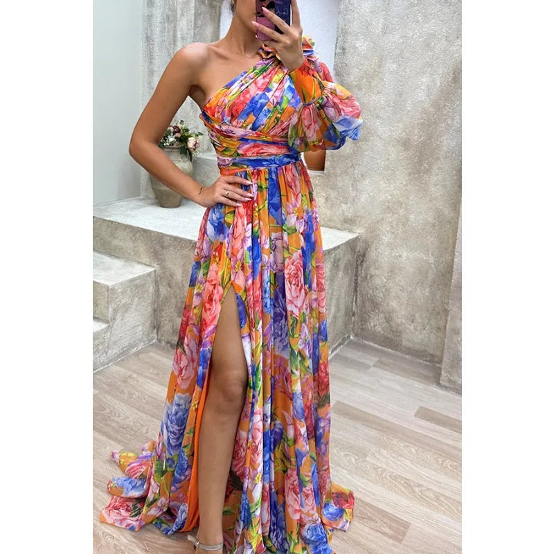 Off Shoulder Slit Dress Women - Long Sleeve Waist Tie Holiday Party Dress, Elegant Printed Fashion Outfit for Evening and Casual Wear