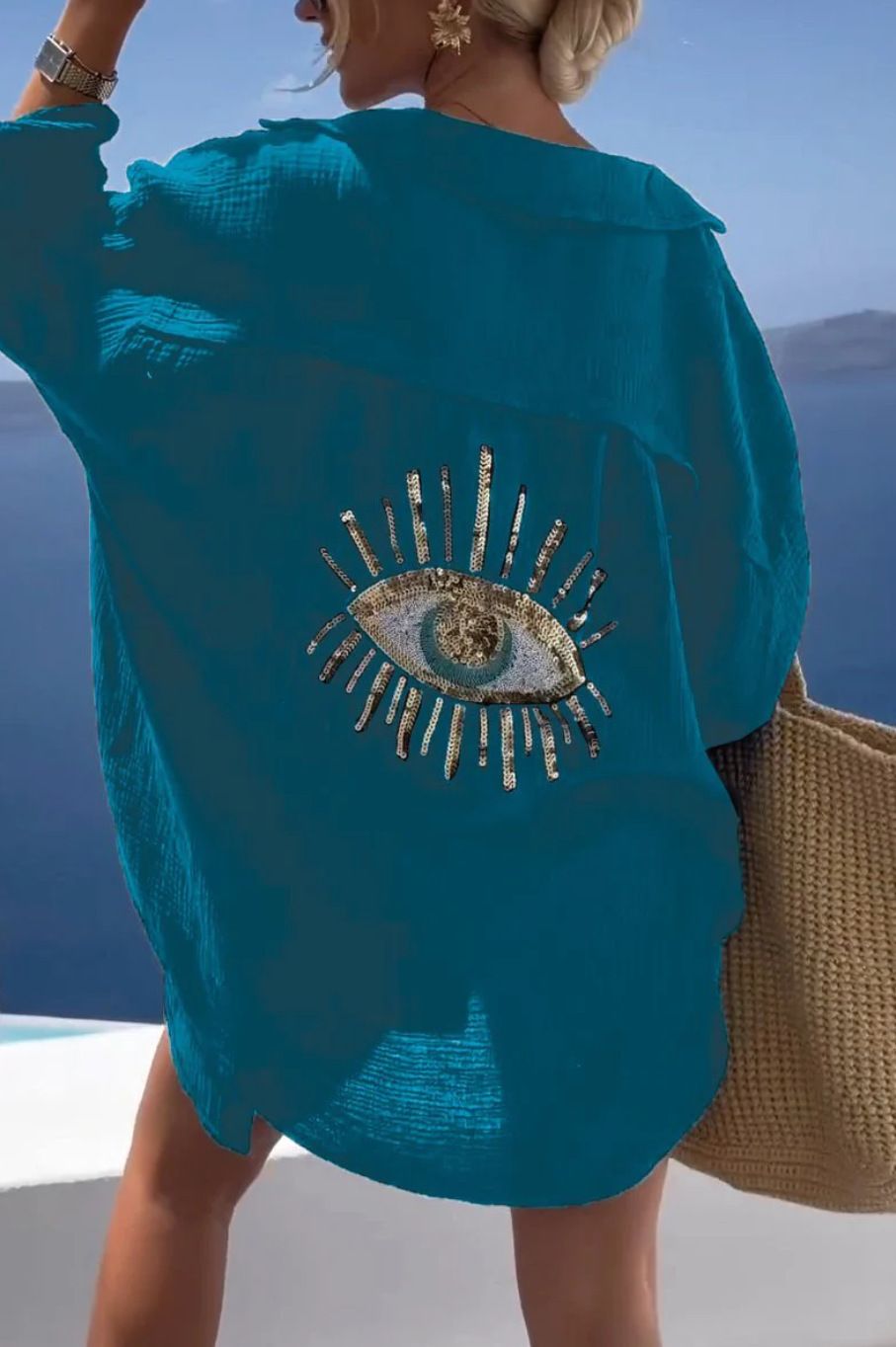 Loose Fit Printed Blouse - Women's Turn Down Collar Long Sleeve Shirt with Beach Style Design, Casual Summer Fashion Top