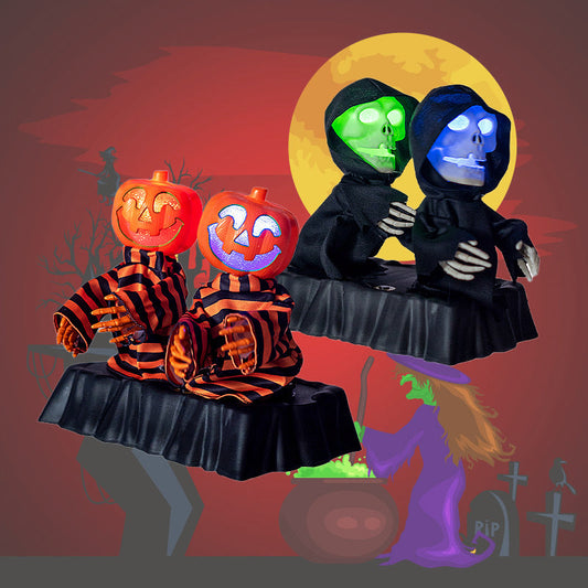 Animatronic Pumpkin Skeleton Duo - Motorized Halloween Decoration with LED Lights and Sound Effects for Yard Terror Displays