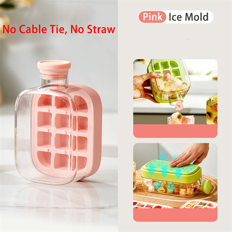 Silicone One-Click Ice Mold Bottle Cooler – No-Touch Ice Cube Tray with Straw Lid for Summer Drinks and Freezer Use