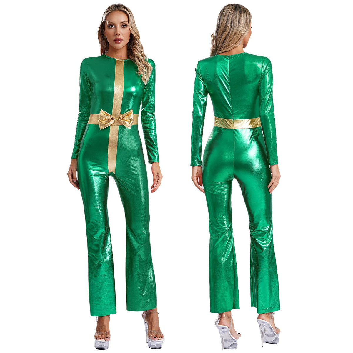 Women’s Christmas Cosplay Bodysuit – Metallic Long-Sleeve Santa Jumpsuit with Bell Bottoms, Party Dance Costume for Holiday Festive Events