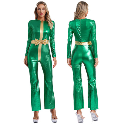 Women’s Christmas Cosplay Bodysuit – Metallic Long-Sleeve Santa Jumpsuit with Bell Bottoms, Party Dance Costume for Holiday Festive Events