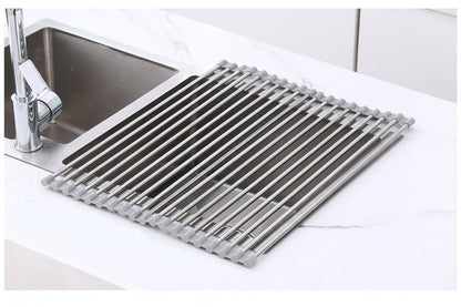 Stainless Steel Folding Drain Rack - Expandable Sink Organizer for Dishes, Fruits and Vegetables, Space-Saving Kitchen Storage Drying Rack