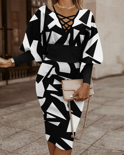 Women Maze Print Party Dress - Elegant Long Sleeve Slim Fit V Neck Dress with Hollow Out Detail for Clubwear Fashion