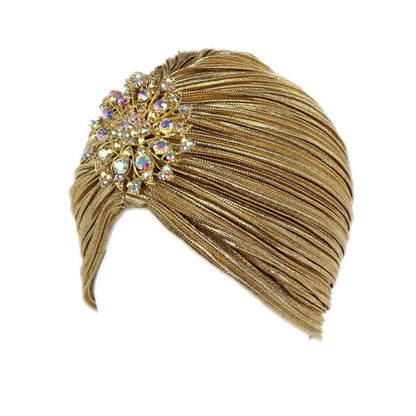 Luxury Jewel Turban Hat for Women – Gold and Silver Diamond Pleated Headwear for Chemo, Hijab, and Elegant Cultural Styling