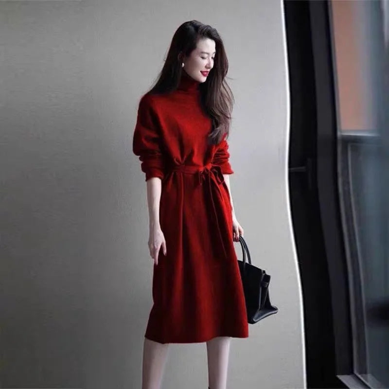 Purple Cashmere Sweater Dress- Women Slim Fit Knee Length Knit Dress for Autumn Winter Elegant Warm Fashion Styling