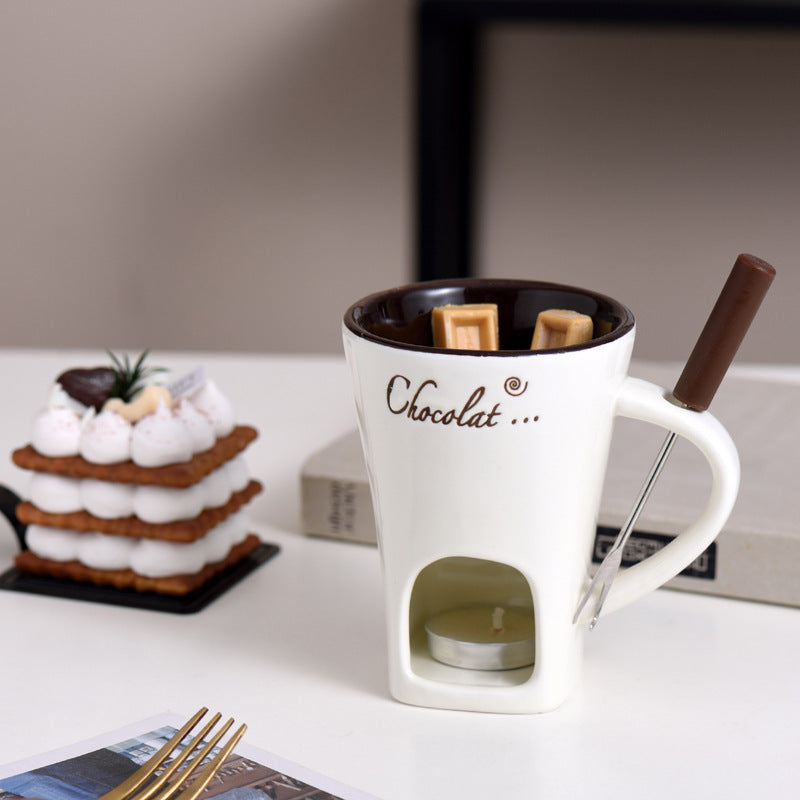 Ceramic Chocolate Fondue Cup – 130ml European Style Heating Mug with Fork for Cheese, Coffee, and Party Desserts