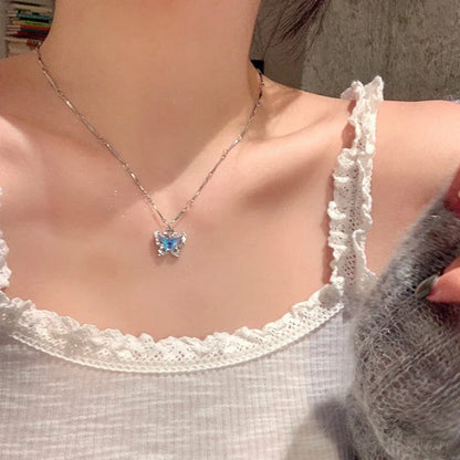 Blue Crystal Butterfly Necklace – Romantic Zircon Clavicle Chain with Elegant Double-Layer Design for Women, Girls, Weddings and Parties
