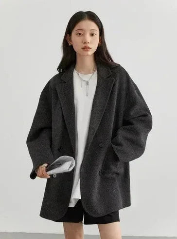 Women’s Woolen Coat – Loose Double Breasted Retro Jacket with Double-Sided Design for Elegant Office Style, Autumn Winter Fashion and Daily Wear