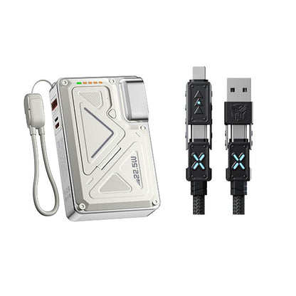 Magnetic 6-in-1 Power Bank with Built-In Cable – All-in-One Fast Charging Portable Battery Compatible with Smartphones, White Rechargeable