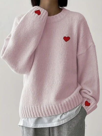 Women's Red Heart Knit Sweater – Long Sleeve Embroidered Pullover Top for Autumn Spring Casual Wear, Couples and Valentine's Gifts