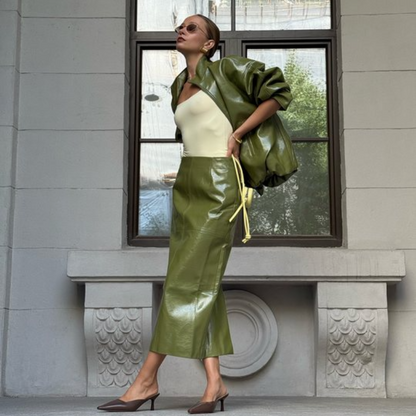 Women Leather Skirt Suit Set - Vintage Zipper Jacket and Straight Skirt Outfit for Spring Fashion and Elegant Streetwear