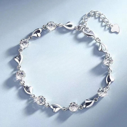 Sterling Silver Heart Bracelet – 925 Korean Pink Crystal Charm Jewelry with Romantic Design for Women, Parties, Anniversaries and Gifts