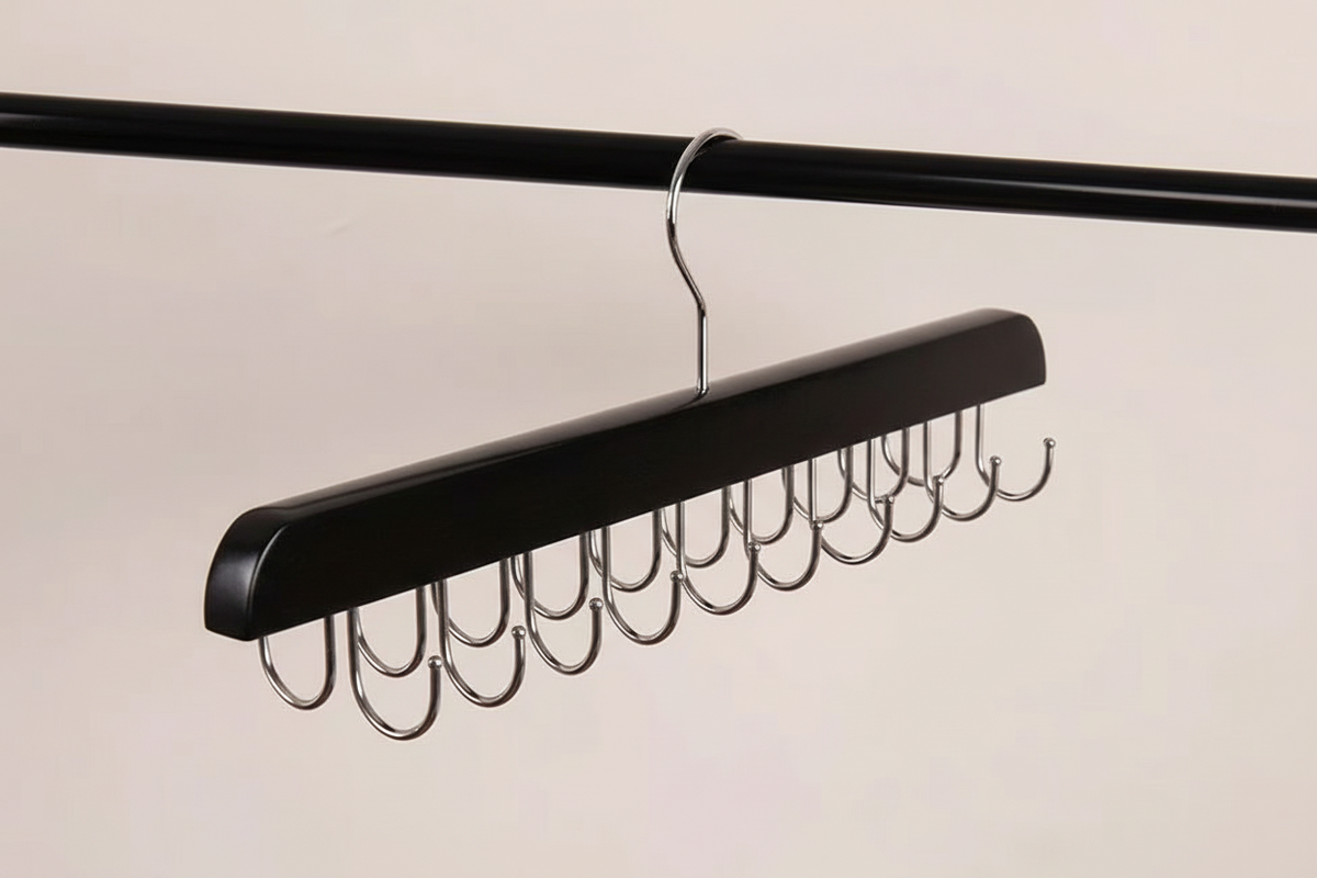 Wooden Tie and Belt Hanger - Closet Bar with 14 or 20 Hooks for Ties, Belts and Scarves