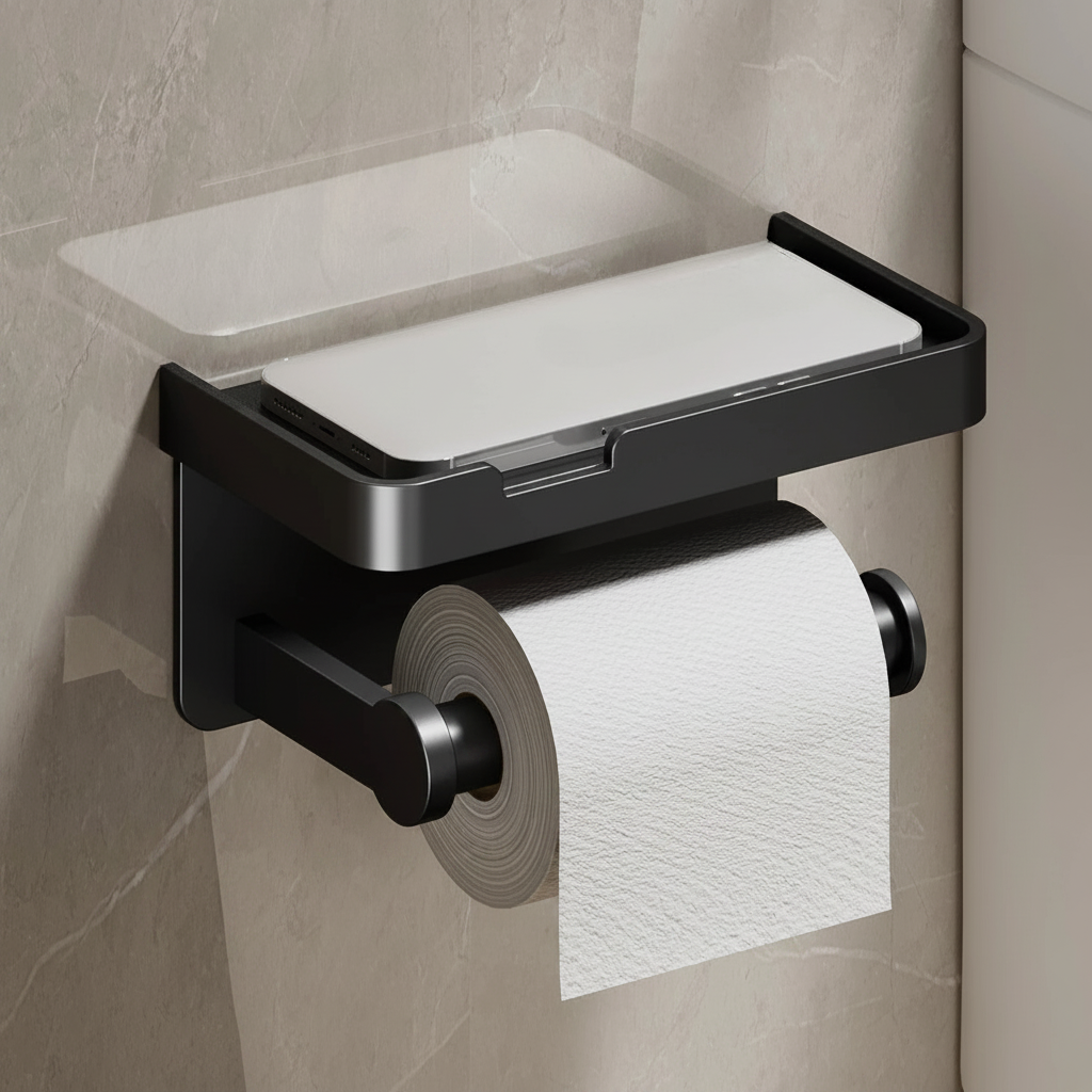 Wall Mounted Toilet Paper Holder – Bathroom Tissue Roll Organizer with Storage Shelf and Convenient Phone Stand