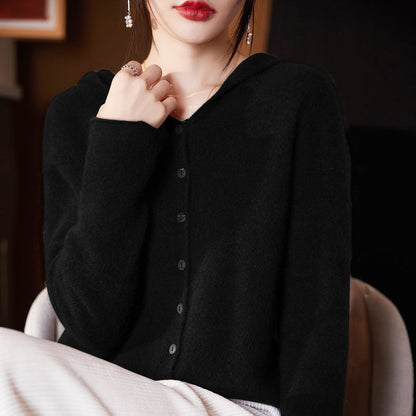 Women Cashmere Hooded Cardigan- Seamless Wool Knit Sweater with Loose Fit Design, Cozy Autumn Winter Outerwear for Elegant Casual Fashion