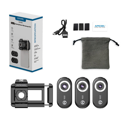 Upgraded Three-in-One Smartphone Microscope Lens Kit – 100X–200X Macro Lens with LED Light, Compatible with Most iOS & Android Phones