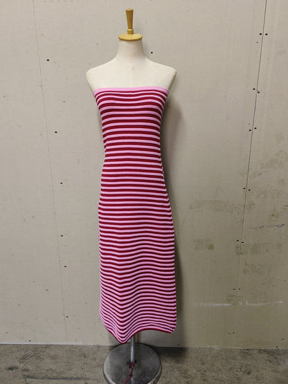 Striped Knit Strapless Maxi Dress – Sexy Backless A-Line Summer Gown for Women, Holiday Parties, Vacations and Chic Streetwear Styling