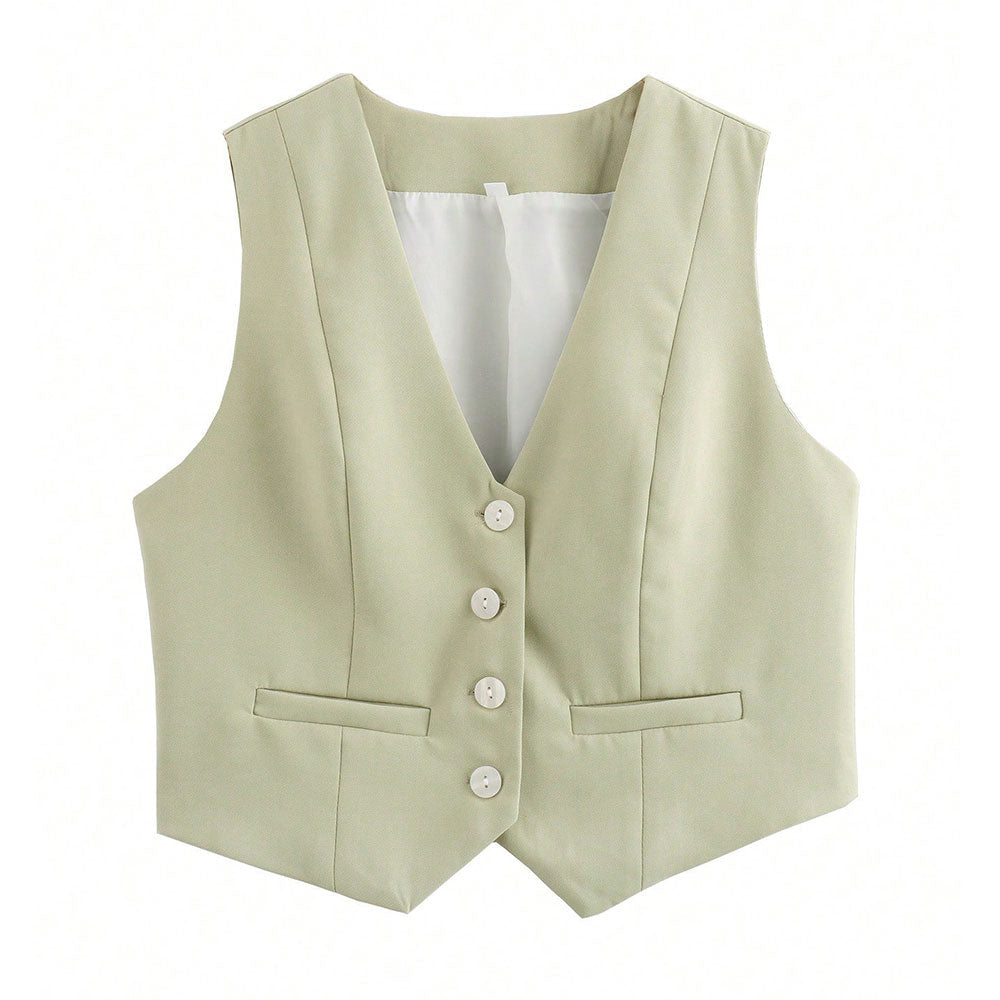 Chic V-Neck Sleeveless Vest – Elegant Women’s Single-Breasted White Waistcoat Top for Stylish Office or Casual Spring Outfits